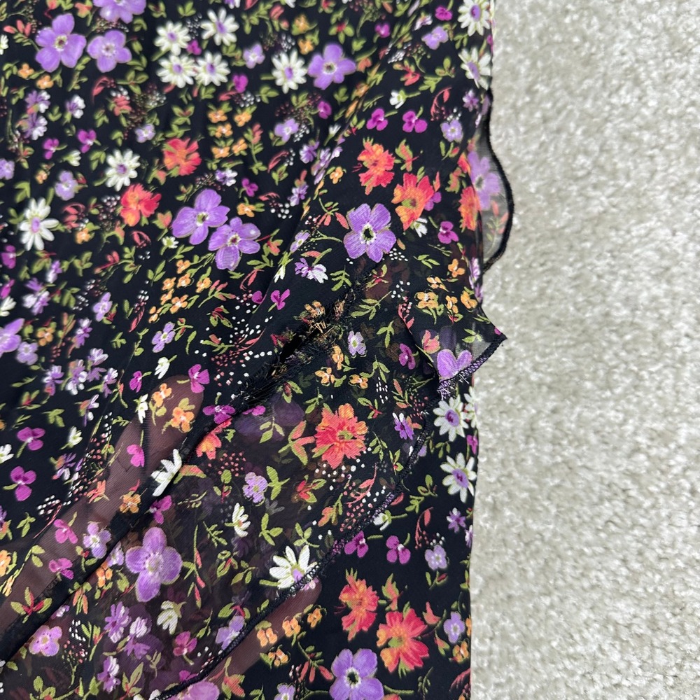 City Triangles Vintage 90s Floral Chiffon Ruffle Midi Dress Black Purple Size 11 - Picture 8 of 12
